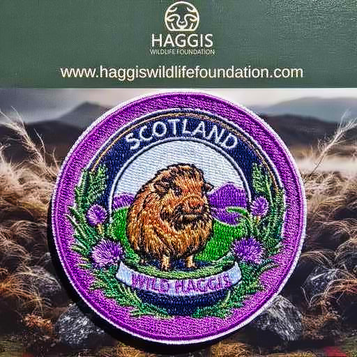An iron-on patch featuring an embroidered design of Scotland's Wild Haggis with a purple and green border on a fabric background.