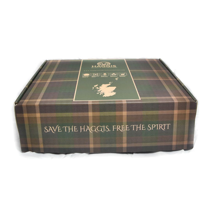 Plaid-patterned box with Haggis branding and text on a white background