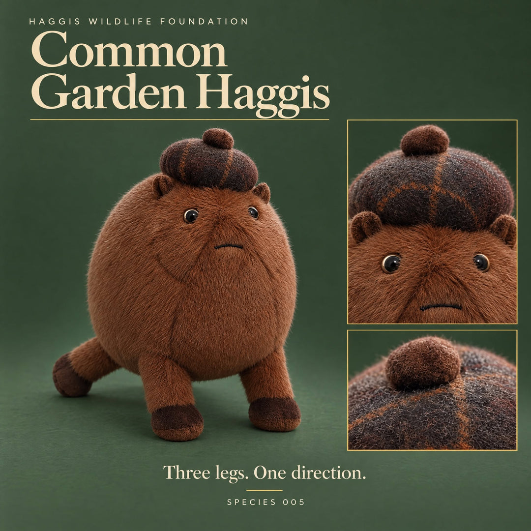 A plush toy shaped like a round brown creature with three legs and a small tuft on top, shown on a dark green background with two inset close-ups of the head and tail. Text reads &