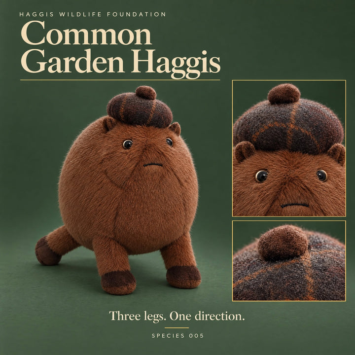 A plush toy shaped like a round brown creature with three legs and a small tuft on top, shown on a dark green background with two inset close-ups of the head and tail. Text reads &