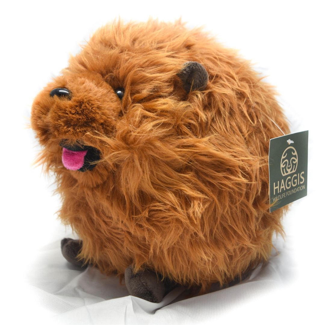 Plush toy resembling a haggis with a visible brand tag on a white background